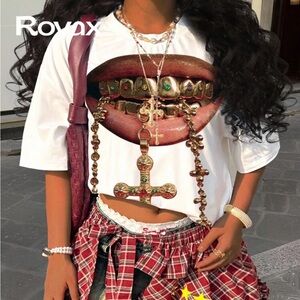 White Graphic Tee with Lip and Cross Design